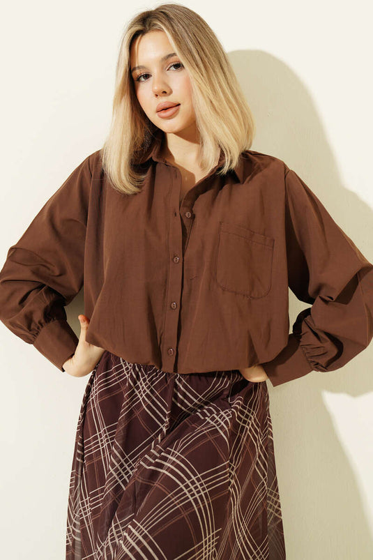 Astarlı Kısa Poplin Gömlek Kahve
