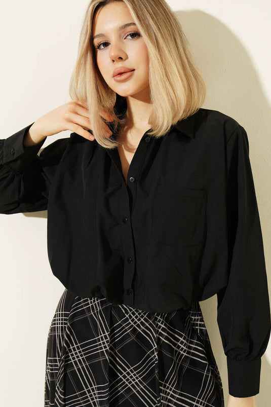 Astarlı Kısa Poplin Gömlek Siyah