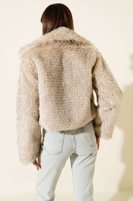 Astarlı Kruvaze Yaka Kürk Mont Bej