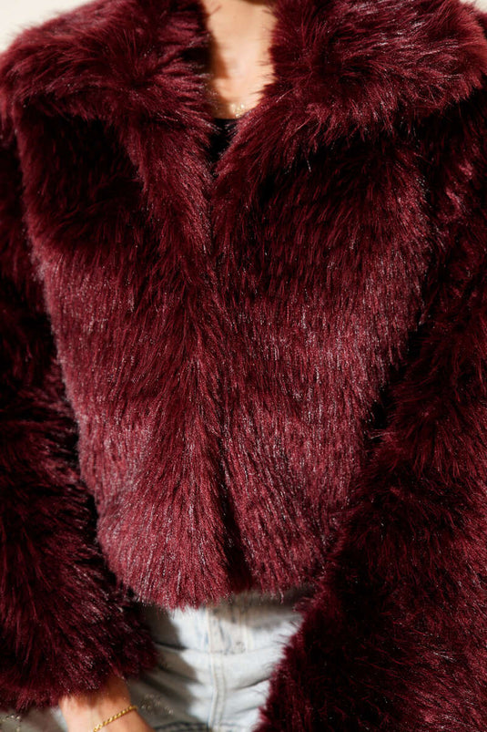 Astarlı Kruvaze Yaka Kürk Mont Bordo