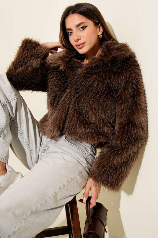 Astarlı Kruvaze Yaka Kürk Mont Kahve