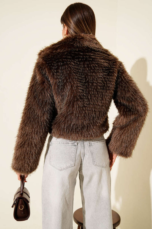 Astarlı Kruvaze Yaka Kürk Mont Kahve