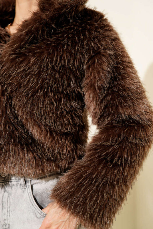 Astarlı Kruvaze Yaka Kürk Mont Kahve