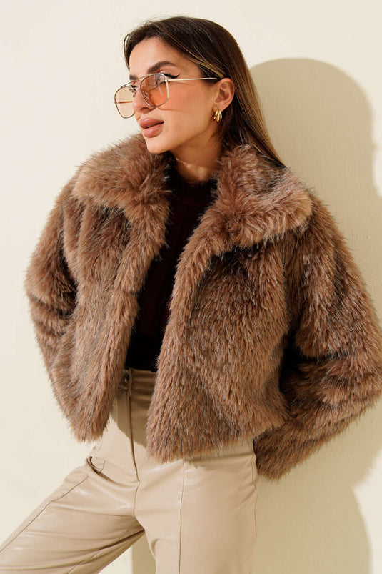 Astarlı Kruvaze Yaka Kürk Mont Latte