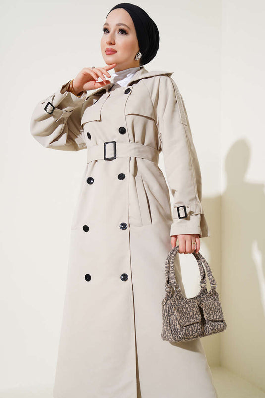 Gefütterter langer Trenchcoat mit Gürtel, Stein