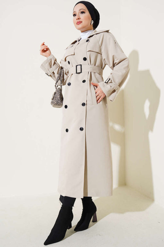 Lined Belted Long Trench Coat Stone