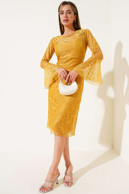 Gefüttertes Tüllkleid Senfgelb