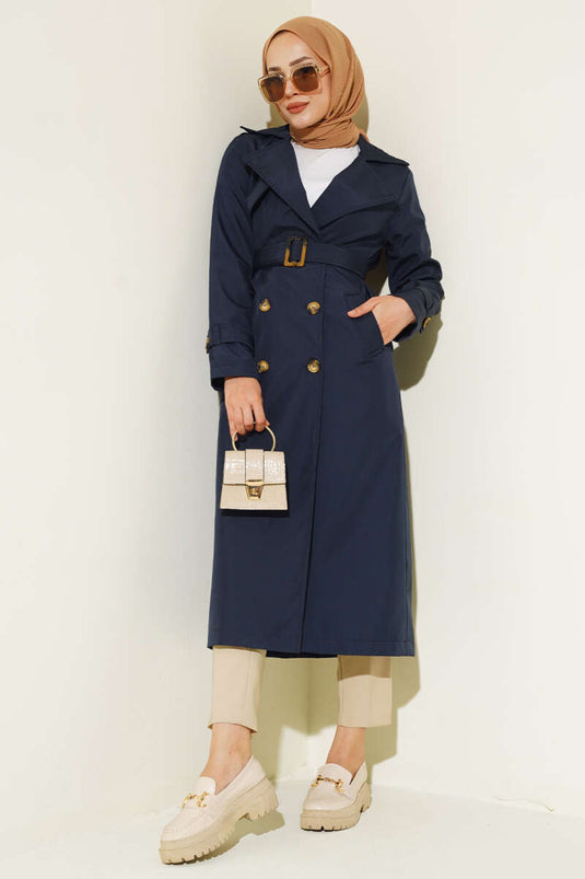 Gefütterter langer Trenchcoat in Marineblau