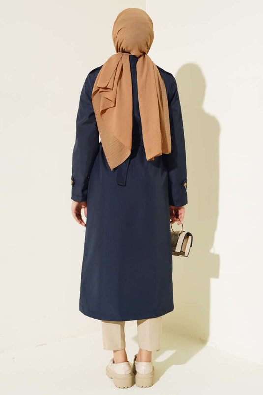 Lined Long Trench Coat Navy Blue