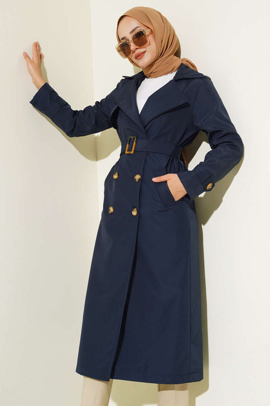 Gefütterter langer Trenchcoat in Marineblau