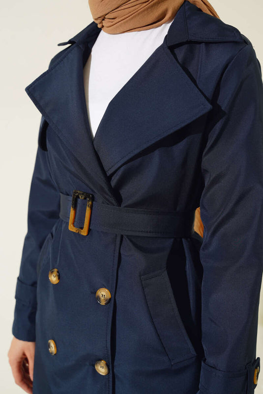 Gefütterter langer Trenchcoat in Marineblau