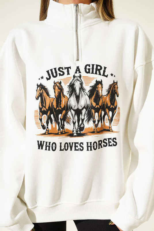 سويت شيرت بسحاب أمامي مطبوع عليه صورة حصان، لون بيج فاتح