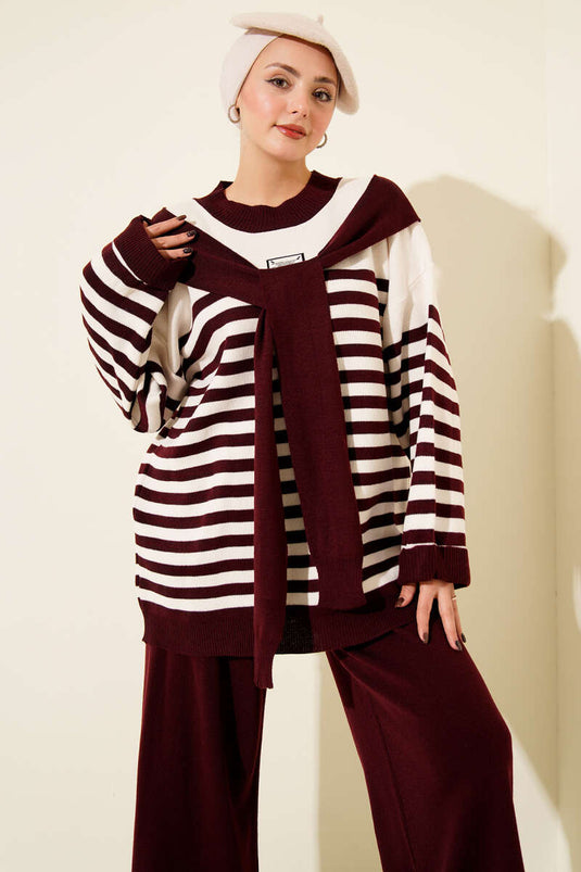 Scarf Detailed Striped Knit Two-Piece Set Burgundy