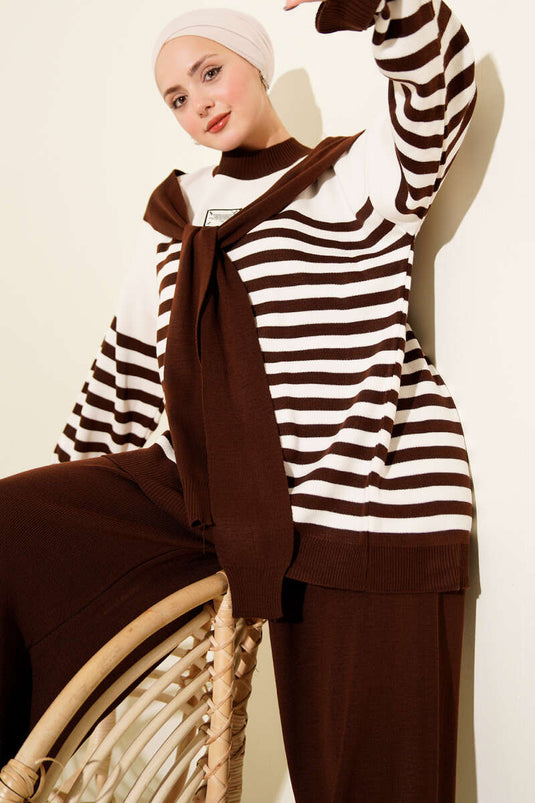 Scarf Detailed Striped Knitted Two-Piece Set Brown