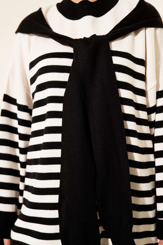 Atkı Detaylı Çizgili Triko İkili Takım Siyah