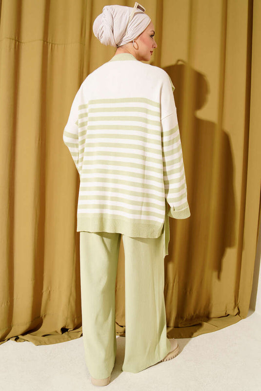 Atkı Detaylı Çizgili Triko İkili Takım Su Yeşili