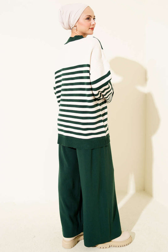 Atkı Detaylı Çizgili Triko İkili Takım Zümrüt