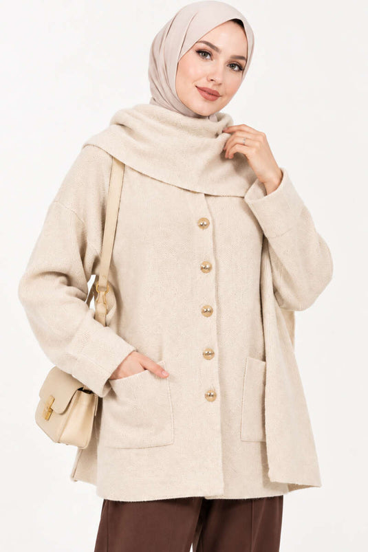 Beige Strickjacke Mit Knöpfen Und Schal-Detail