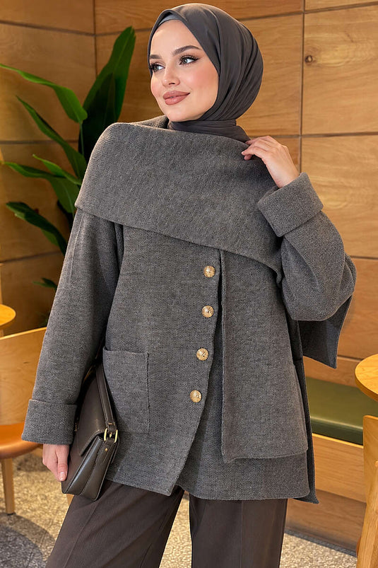 Knitted Cardigan Met Knopen En Strikdetail, Rookgrijs