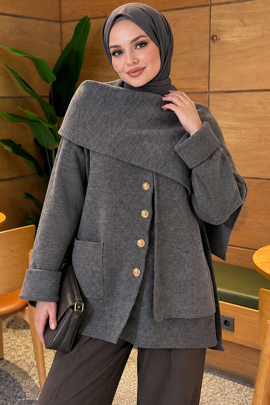 Knitted Cardigan Met Knopen En Strikdetail, Rookgrijs