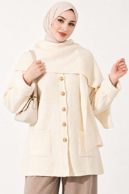 Knitted Cardigan Met Knopen, Sjaal Detail En Steen