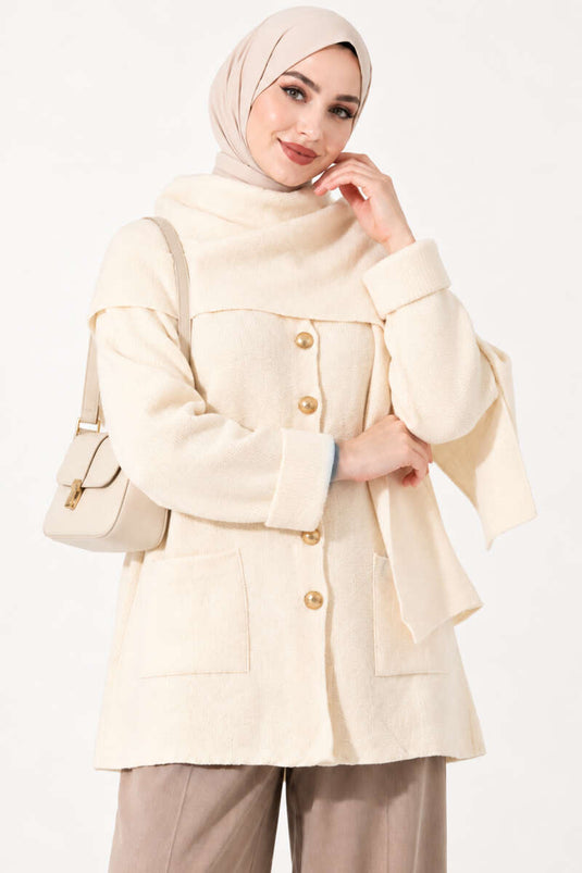 Knitted Cardigan Met Knopen, Sjaal Detail En Steen