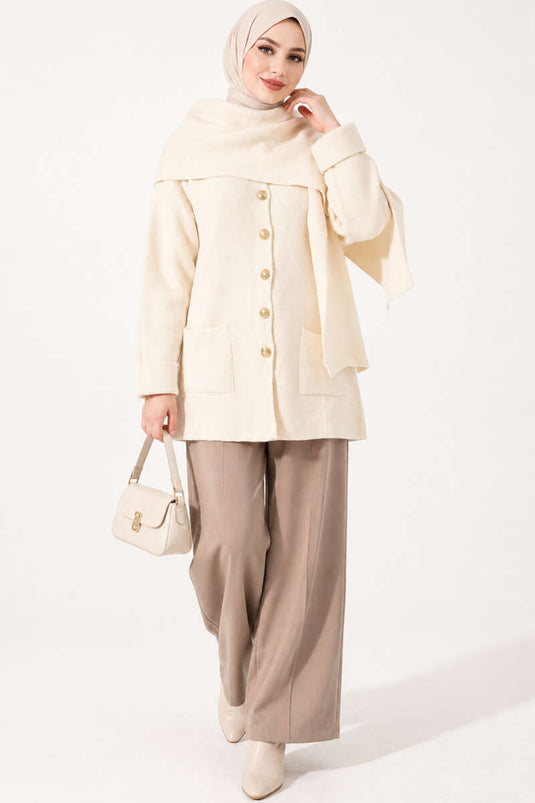 Knitted Cardigan Met Knopen, Sjaal Detail En Steen