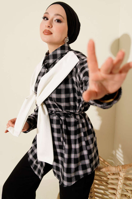 Chemise à carreaux avec détails en écharpe noire