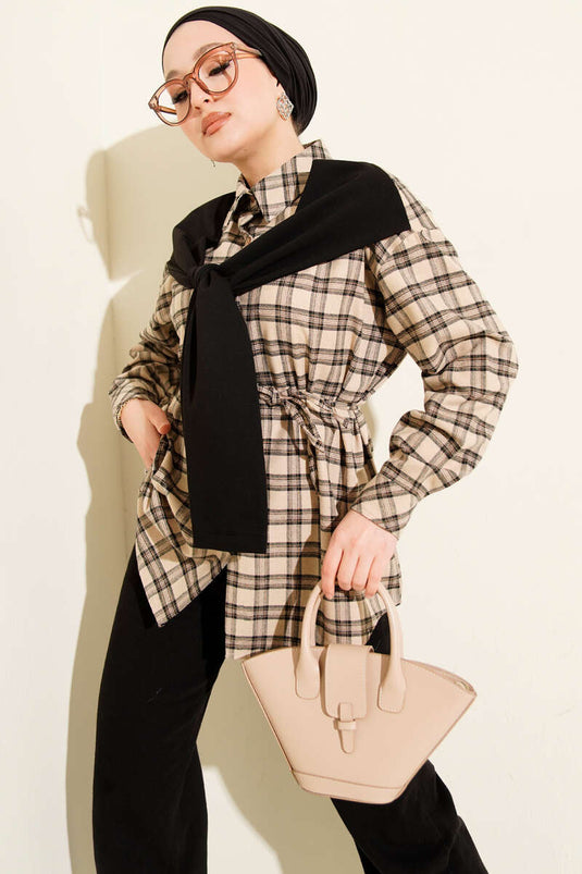 Chemise à carreaux avec détails en écharpe, couleur pierre