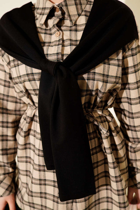 Chemise à carreaux avec détails en écharpe, couleur pierre