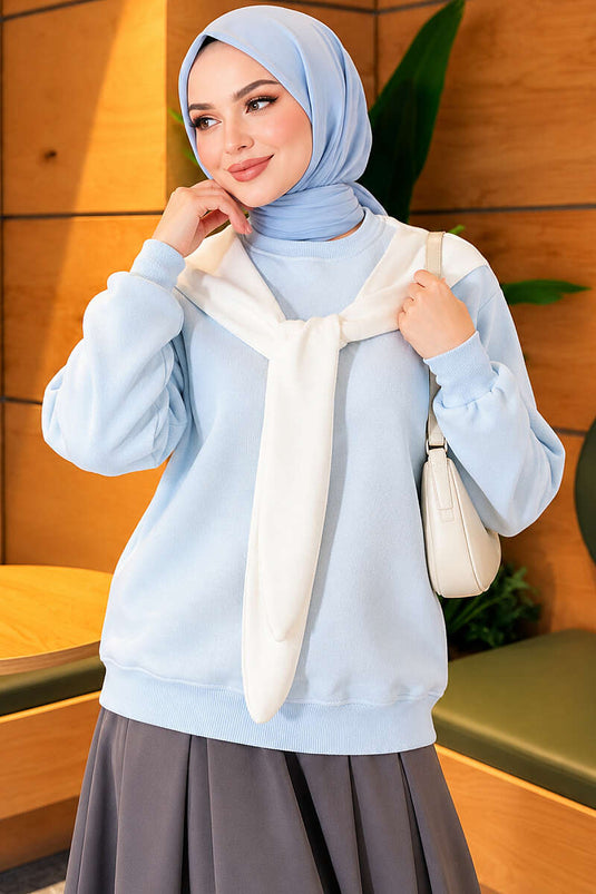 Atkı Detaylı Üç İplik Sweatshirt Bebe Mavi