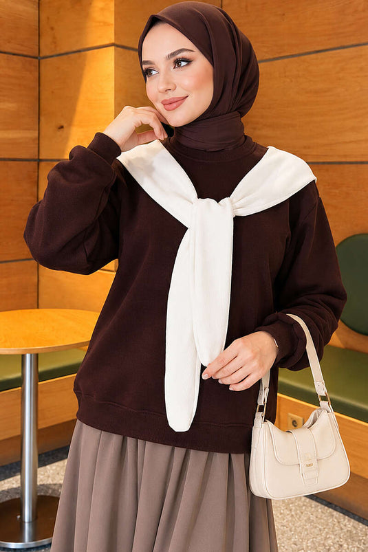 Atkı Detaylı Üç İplik Sweatshirt Kahve