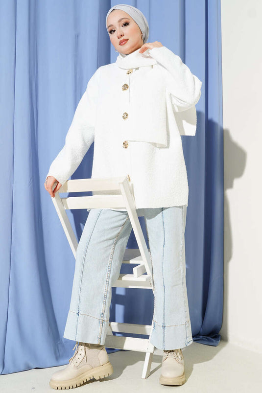 Scarfed Bouclé Jacket White