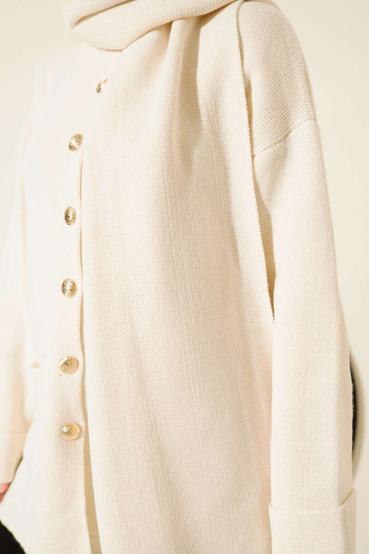 Atkılı Düğmeli Cepli Triko Hırka Bej