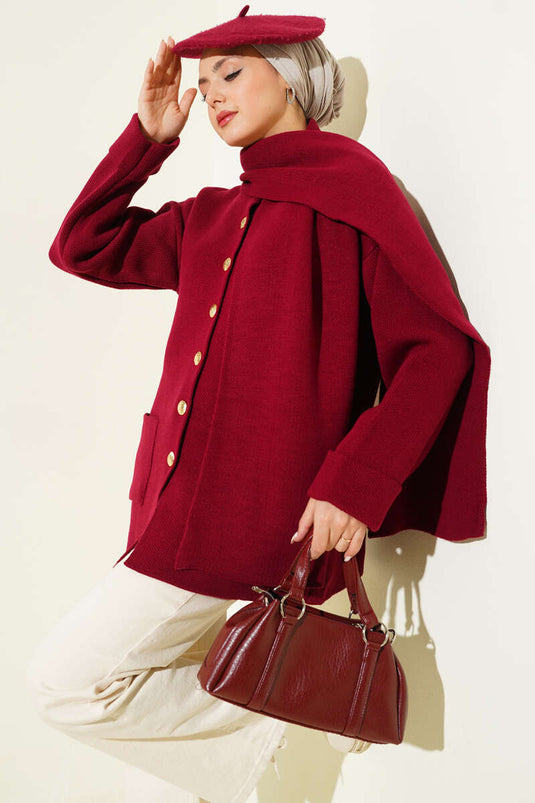 Cardigan en tricot bordeaux avec col châle, boutons et poches