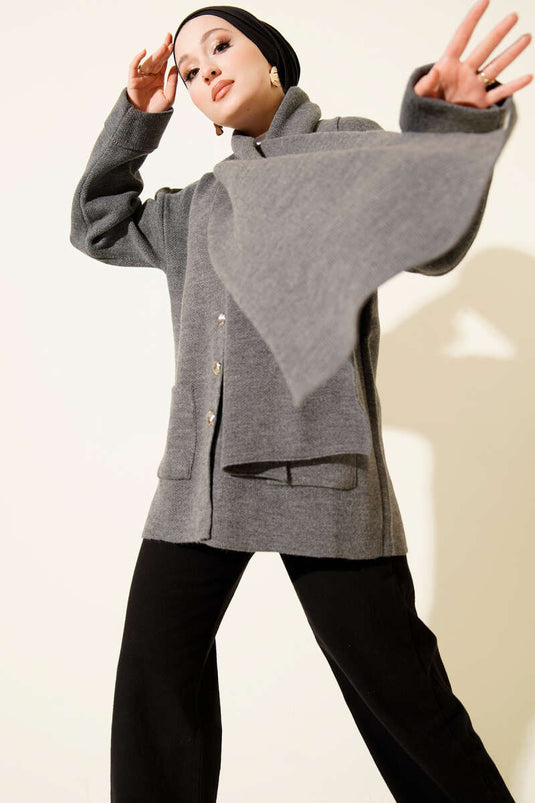 Scarf-Detailed, Buttoned, Pocketed Knitted Cardigan, Dark Gray