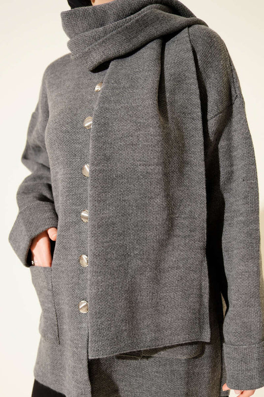 Scarf-Detailed, Buttoned, Pocketed Knitted Cardigan, Dark Gray