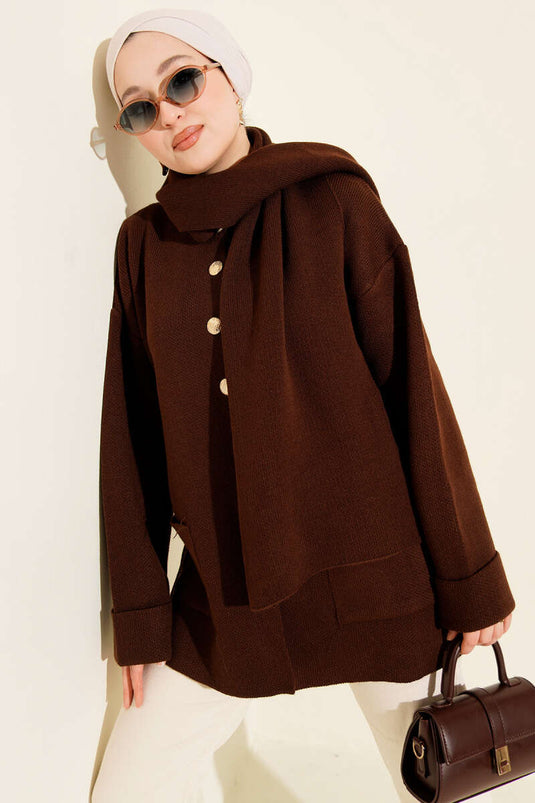 Scarf-Detailed Buttoned Pocket Knitted Cardigan, Brown