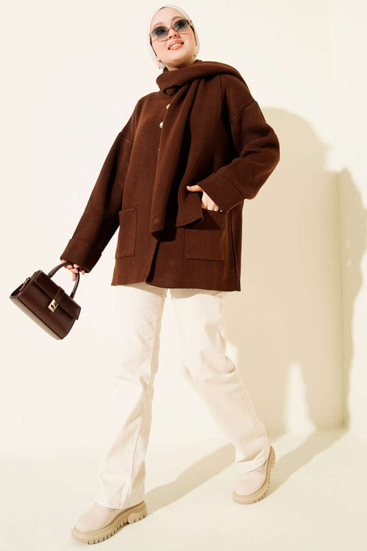 Scarf-Detailed Buttoned Pocket Knitted Cardigan, Brown