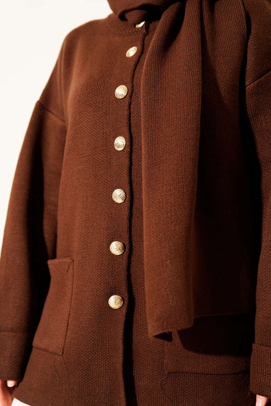 Scarf-Detailed Buttoned Pocket Knitted Cardigan, Brown