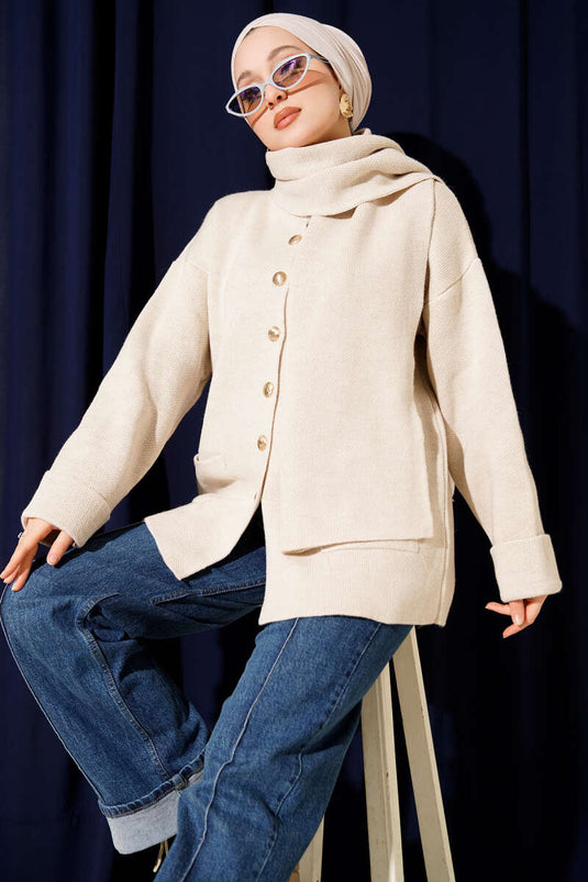 Stone Knit Cardigan with Scarf, Buttons and Pockets