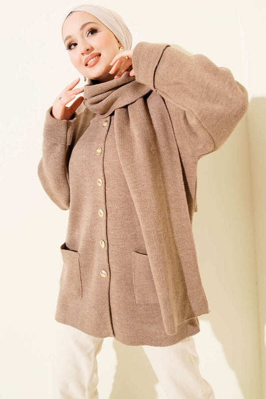 Scarf-Style Buttoned Pocketed Knitted Cardigan, Mink Color
