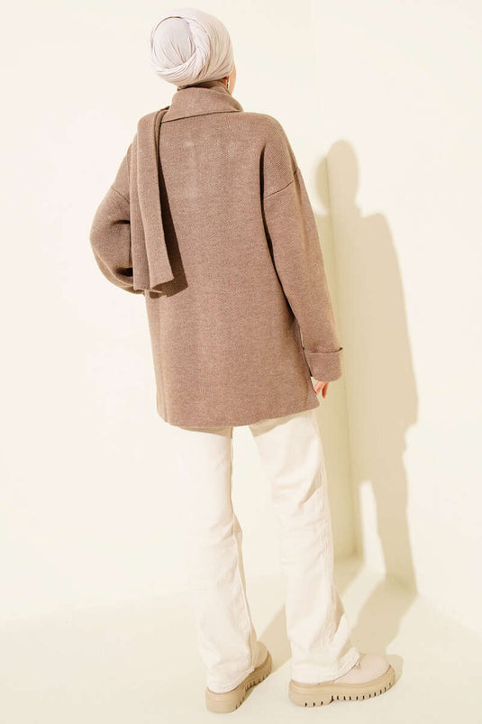 Scarf-Style Buttoned Pocketed Knitted Cardigan, Mink Color