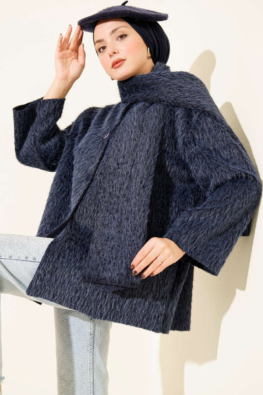 Veste à col montant boutonnée avec poches, bleu marine