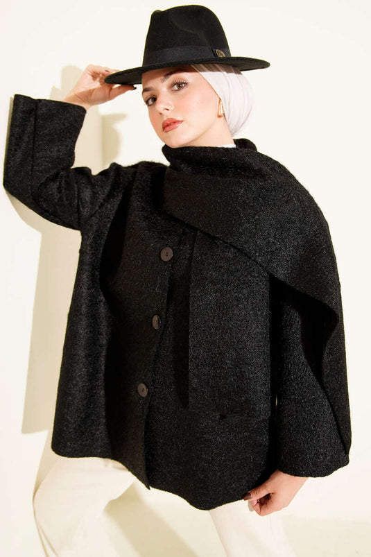 Atkılı Düğmeli Sakallı Ceket Siyah