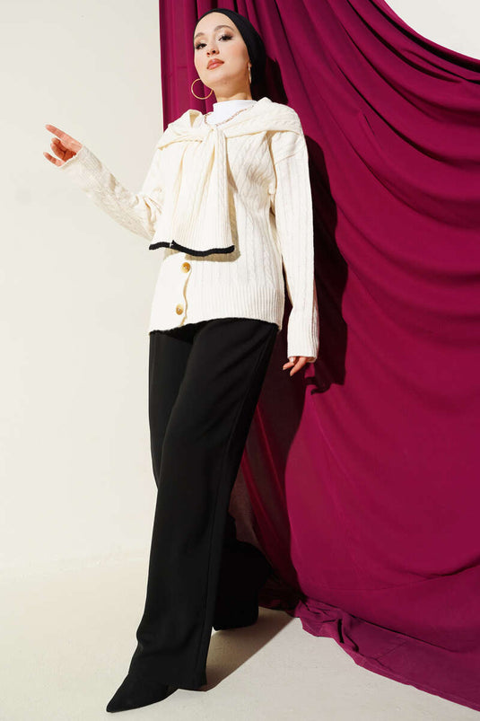 Atkılı Örgülü Kısa Triko Hırka Ekru