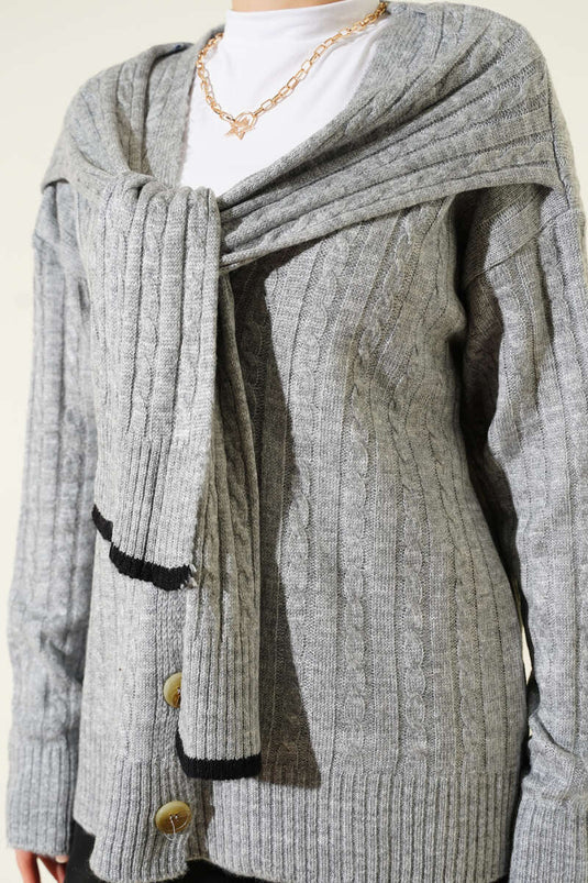 Atkılı Örgülü Kısa Triko Hırka Gri