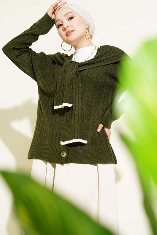 Atkılı Örgülü Kısa Triko Hırka Haki