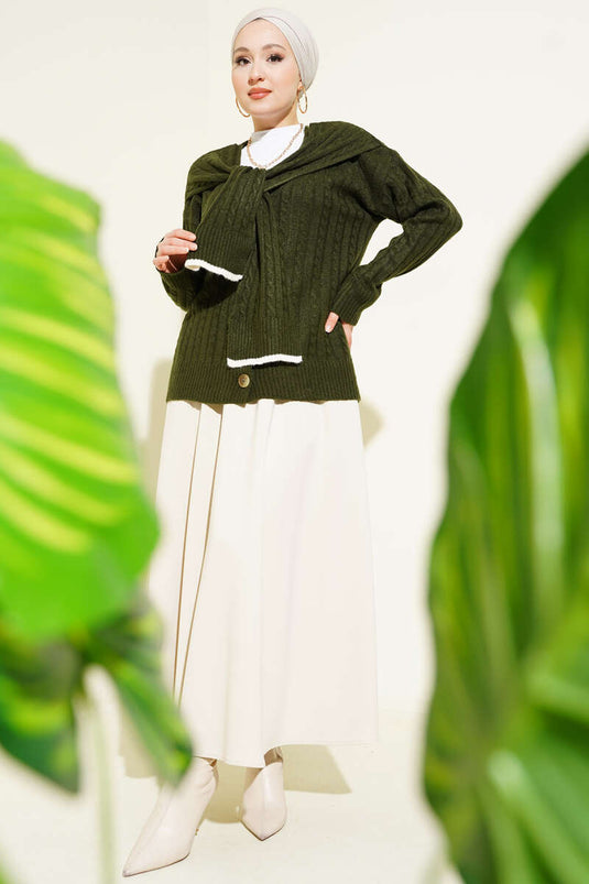 Atkılı Örgülü Kısa Triko Hırka Haki