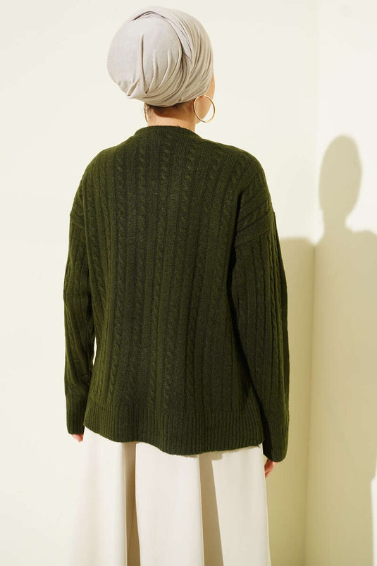 Atkılı Örgülü Kısa Triko Hırka Haki